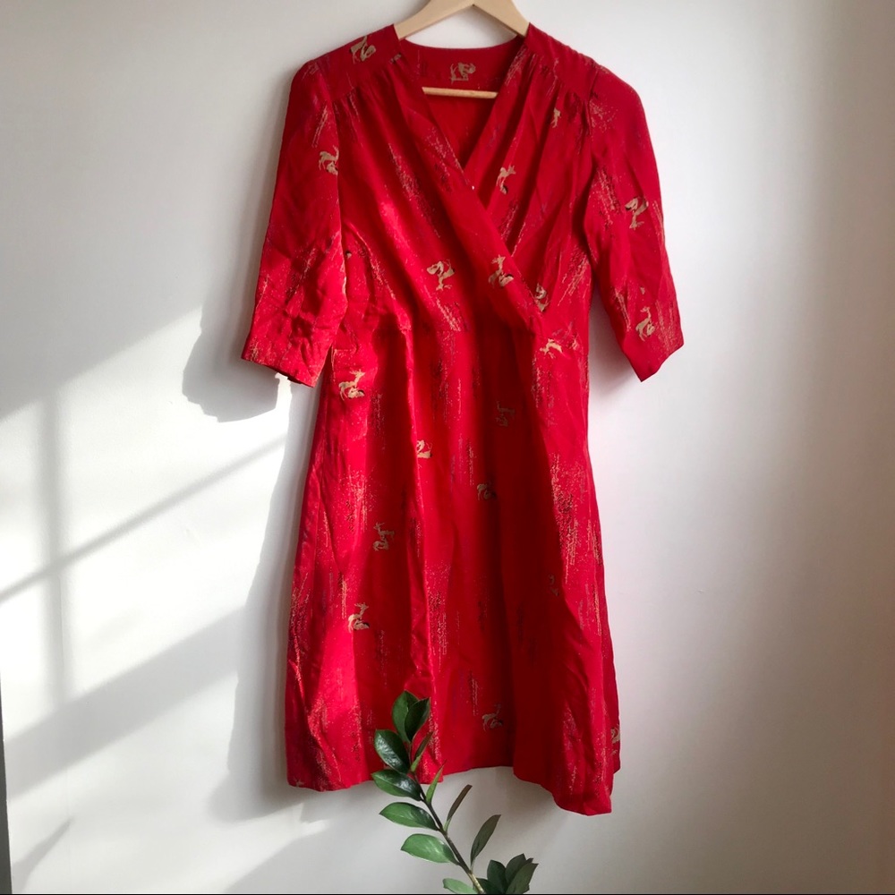 Beautiful red silk vintage dress with deer print